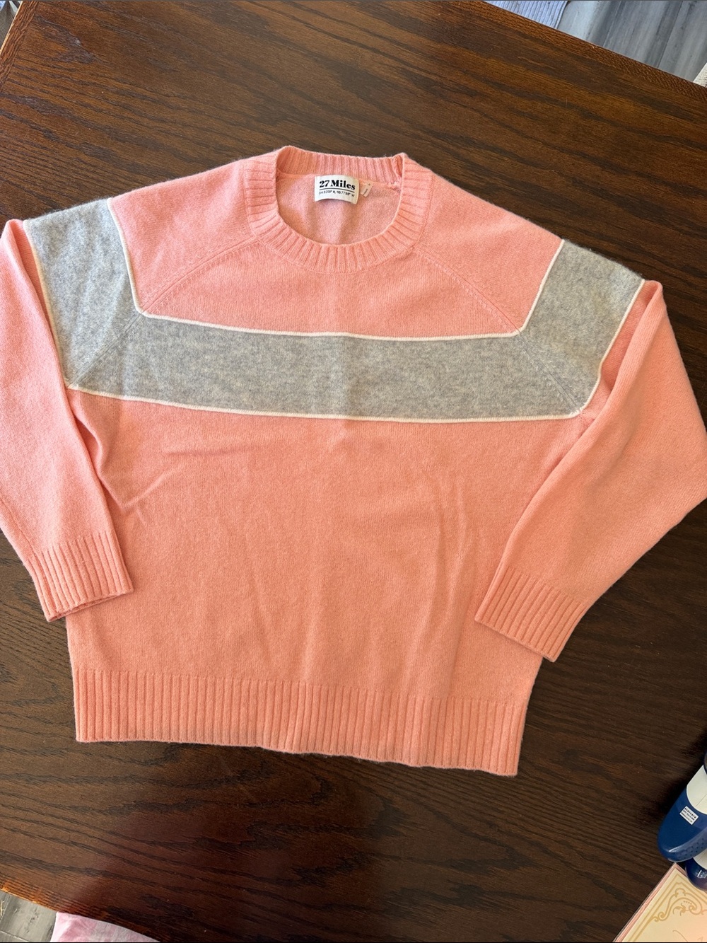27 Miles Malibu Cashmere Coral Pink Crewneck Sweater with Gray Stripe, Size M